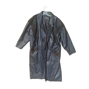 VTG Comint Black Leather & Suede Trench Coat Jacket- 2X Embossed 80s 90s